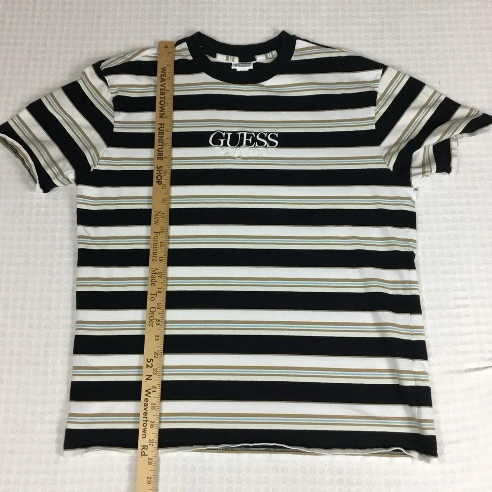 Guess Originals Men Striped T-Shirt Black White Tan Blue Embroidered Logo Size M - Picture 5 of 8